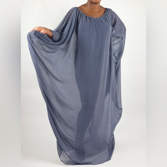 Blue and White Polkadot Chiffon Sheer Handmade Kaftan Maxi Dress - Picture 3 of 5